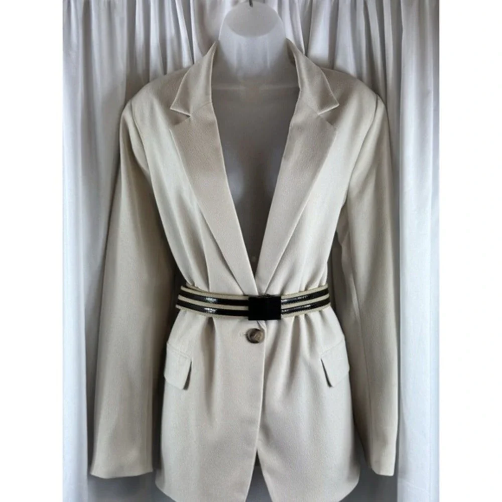 Tan Canvas Web Belt Black Patent Stripes‎ Military Flip Buckle Adjustable 70-19